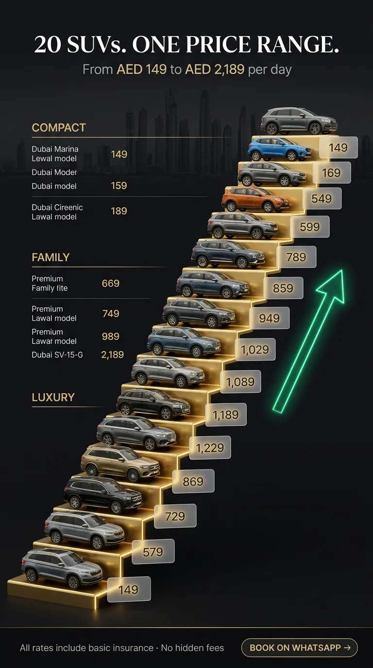 SUV rental prices in Dubai, listed from lowest to highest