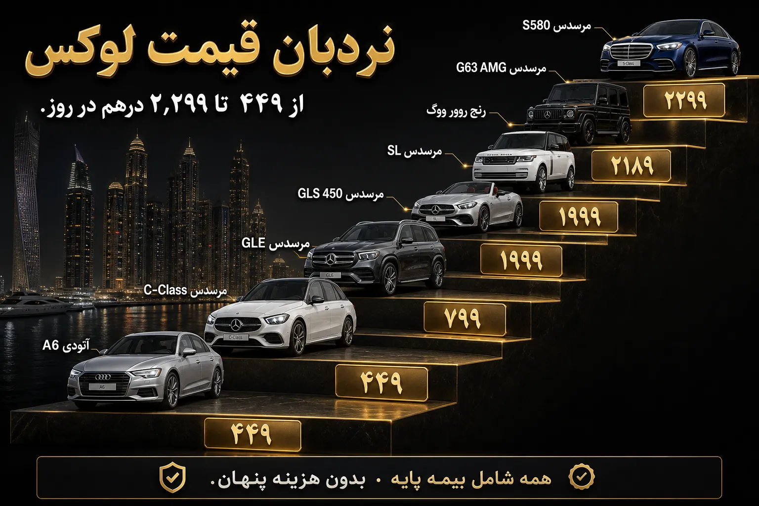 نردبان قیمت اجاره ماشین لوکس در دبی از ارزان به گران