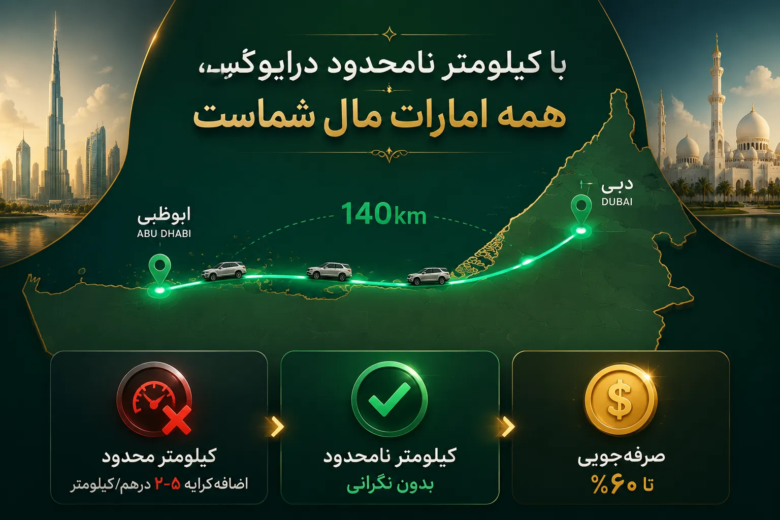 کیلومتر نامحدود در اجاره شاسی‌بلند در دبی با درایوکس