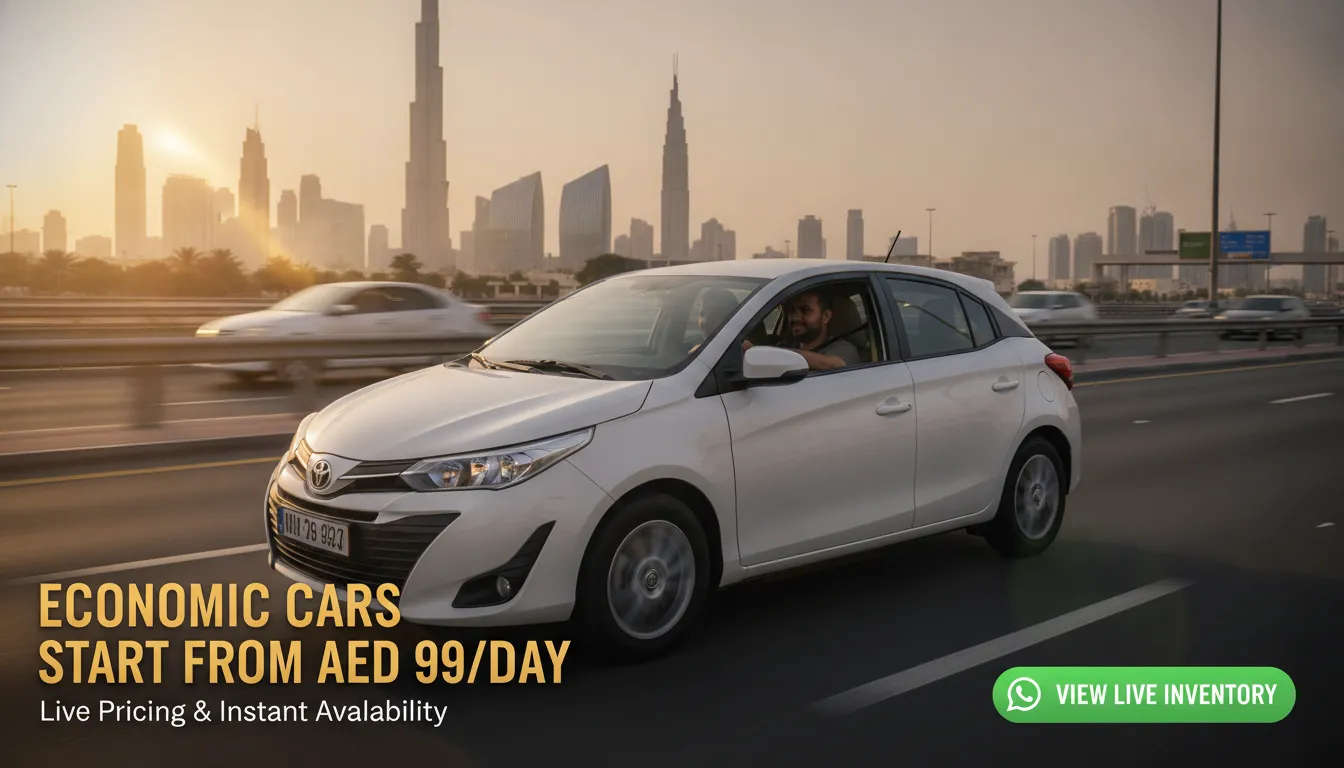 Economy car rental in Dubai — golden hour commute