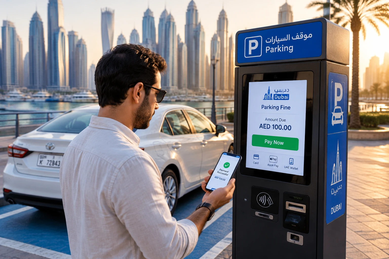 Paying a Dubai parking fine using an app next to a parking meter