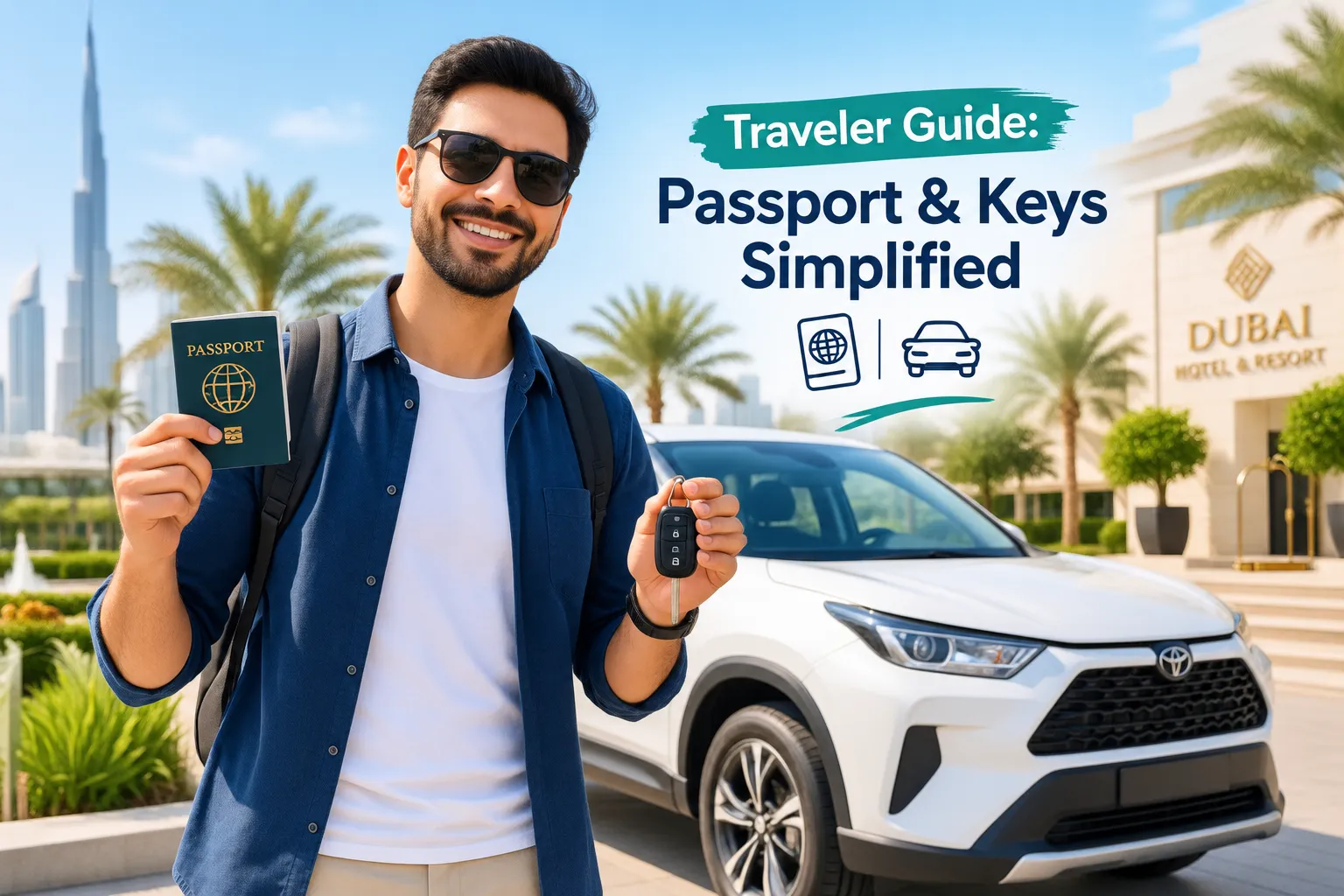 Traveller holding a passport and rental car keys in Dubai