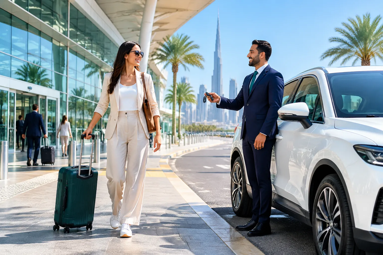 Traveler arriving at Dubai Airport with rental car ready