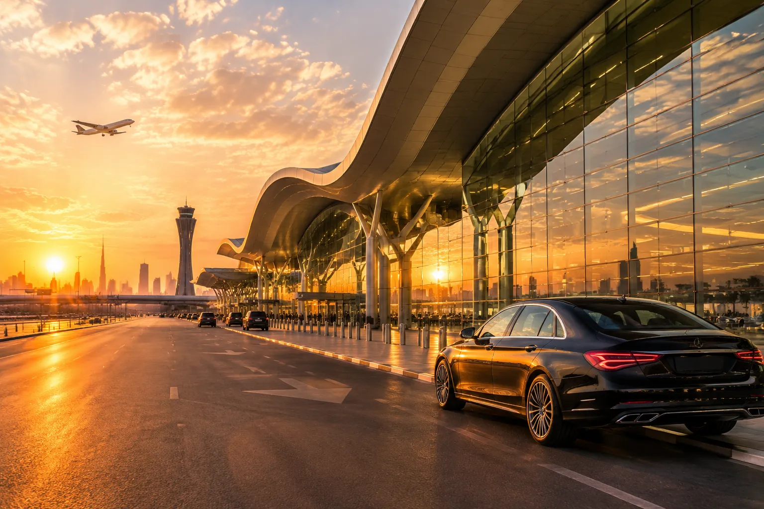 Dubai International Airport terminal exterior at golden hour