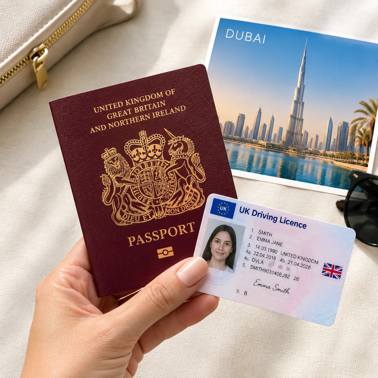 A UK traveller with a passport and driving licence in Dubai