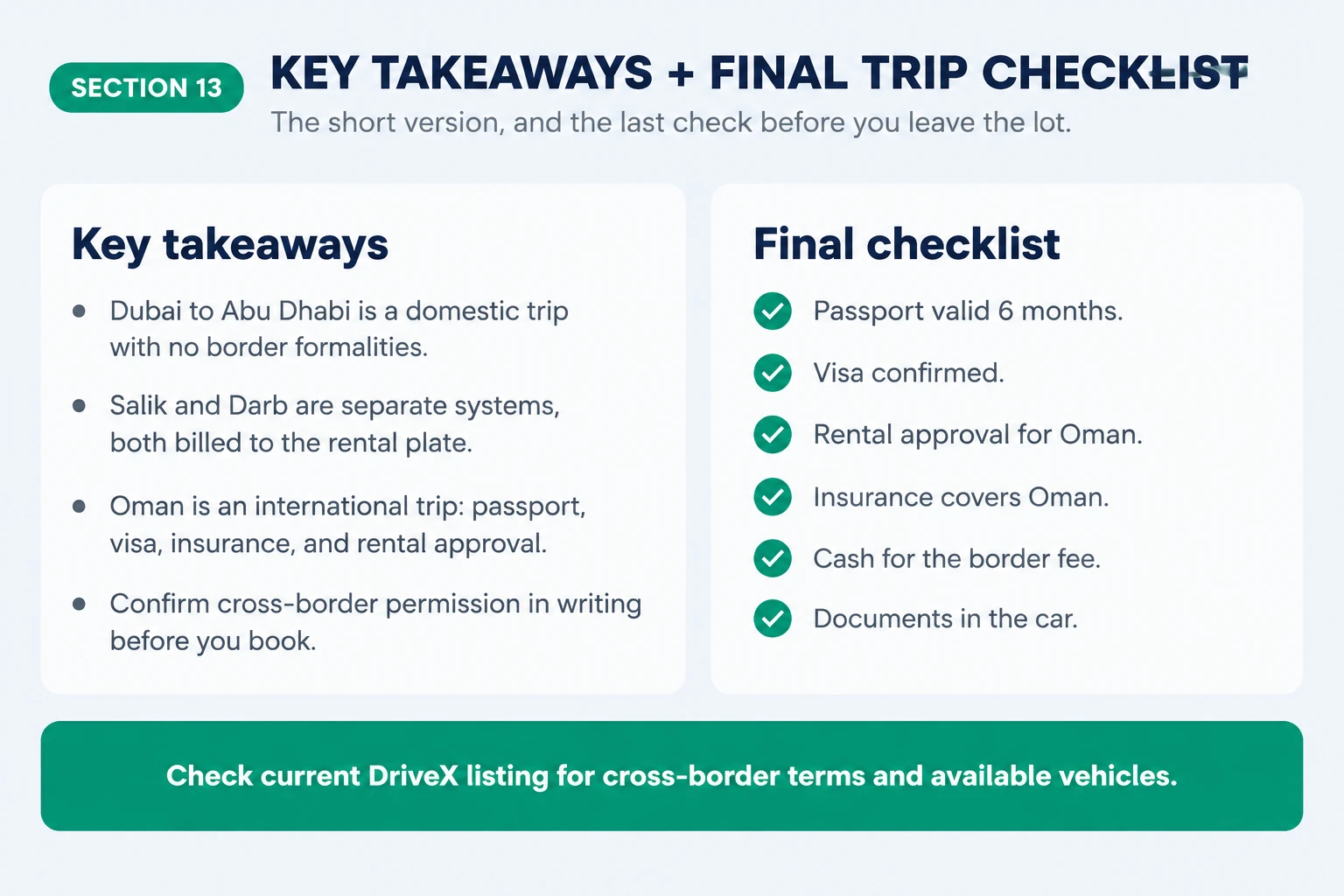Full table comparison of Dubai to Abu Dhabi versus Dubai to Oman rental trips