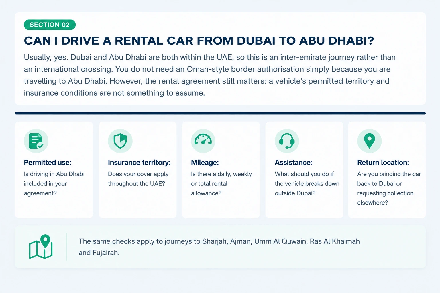Five-point checklist to confirm before driving a Dubai rental car to Abu Dhabi