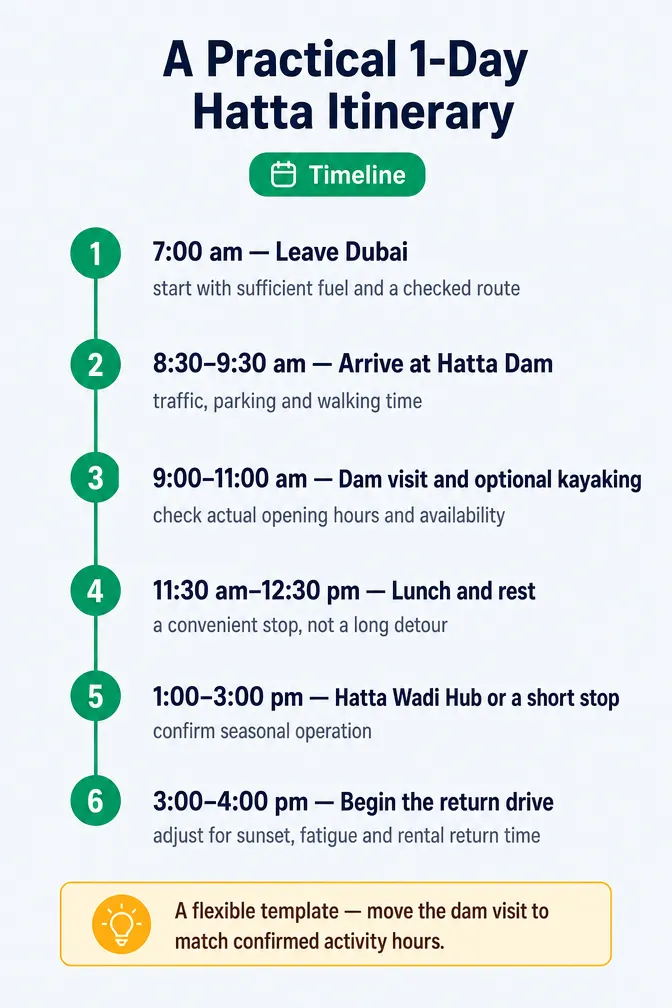One-day Hatta road trip timeline from Dubai
Dubai to Hatta by Car: 1-Day Road Trip Plan (2026)