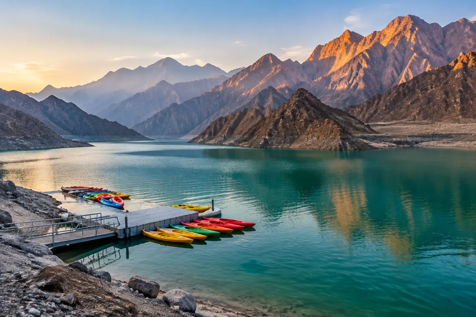 Hatta Dam at sunrise, the main stop of a Dubai to Hatta road trip
