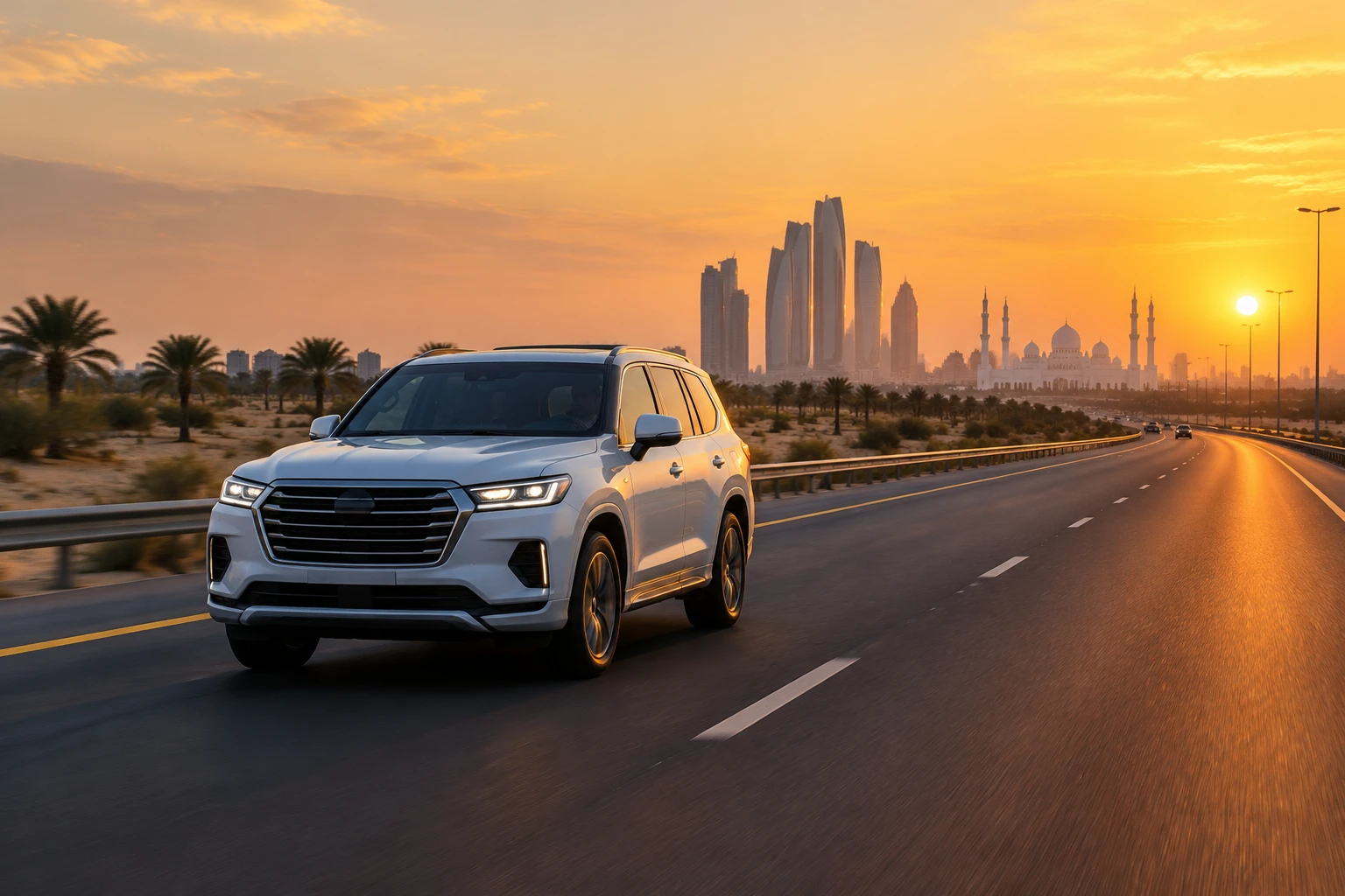 Highway from Dubai to Abu Dhabi, a rental car driving between emirates Drive a Dubai Rental Car to Abu Dhabi
