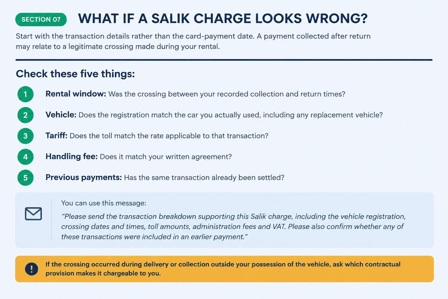 Checking a Salik charge that looks wrong on a rental invoice