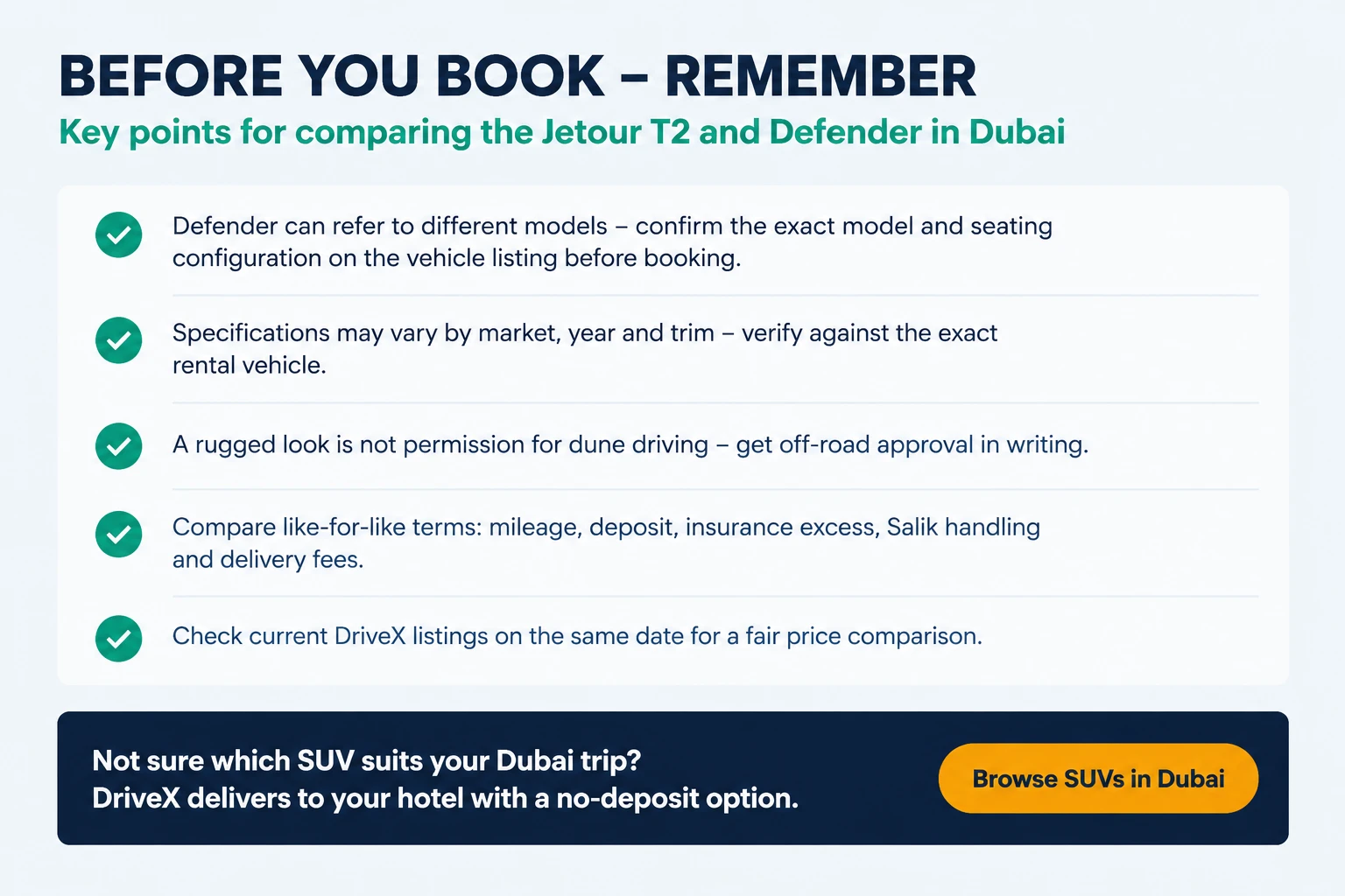 Confirm vehicle specifications and book your SUV with DriveX