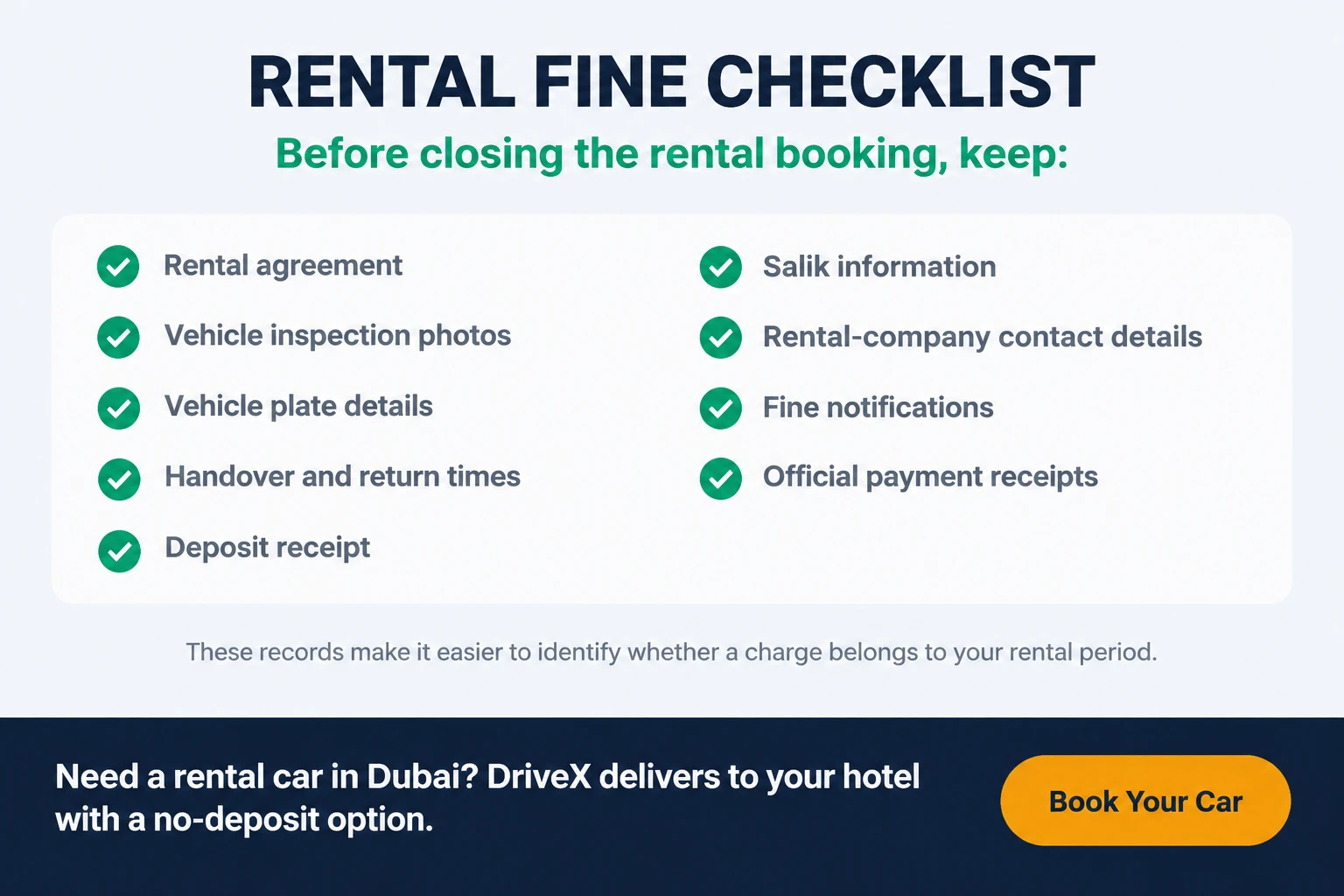 Final checklist for traffic fines on a Dubai rental car