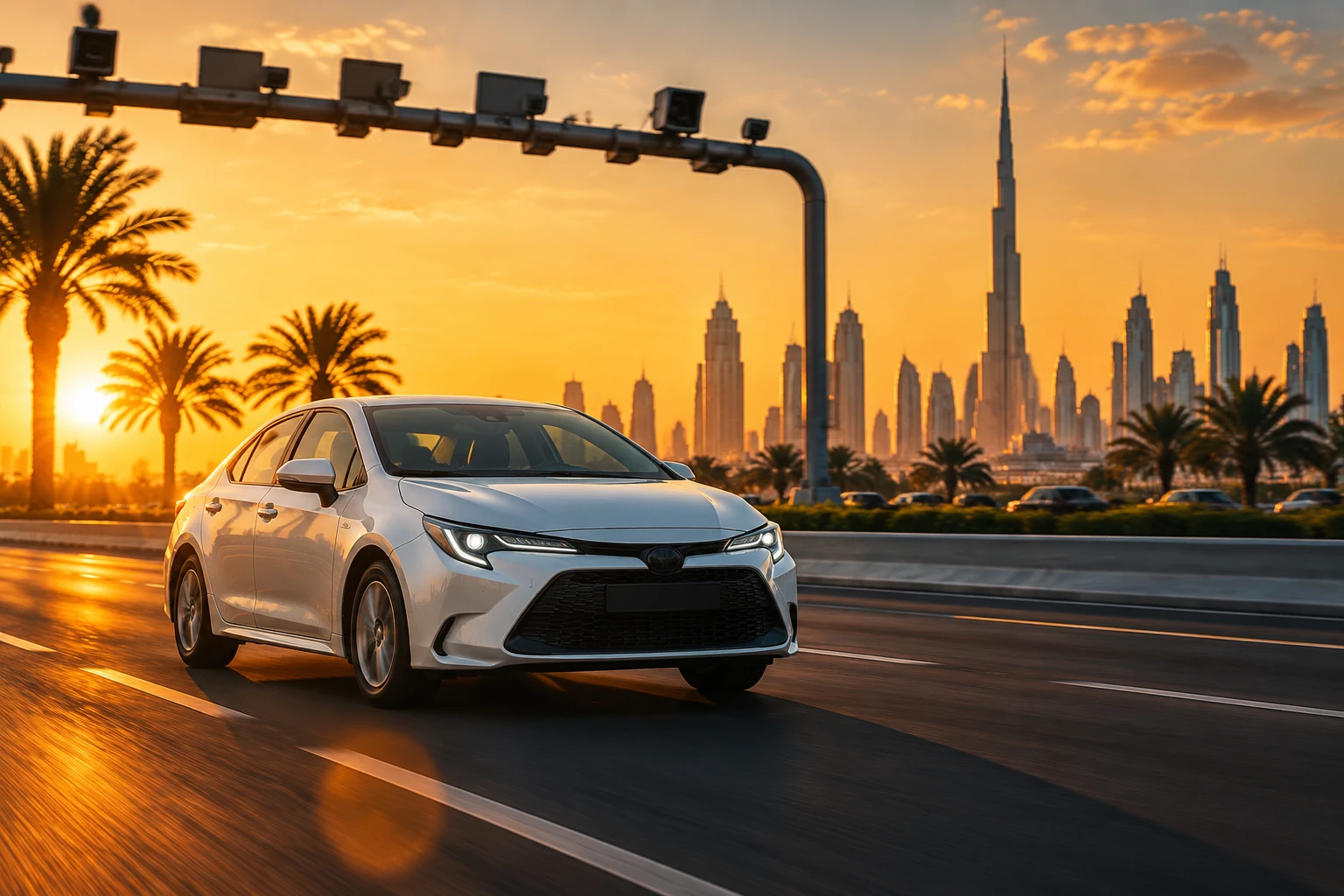 Rental car driving on a Dubai highway