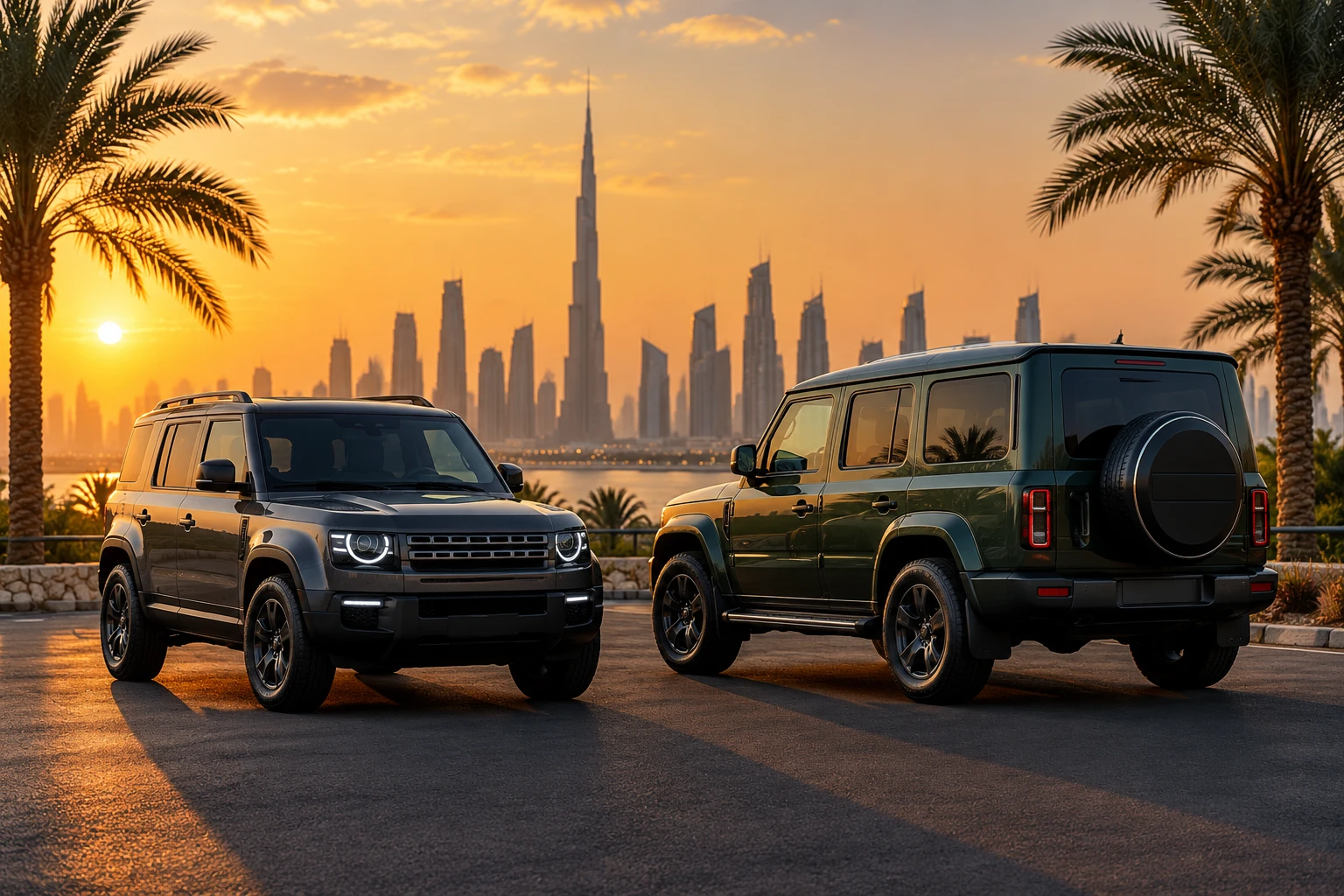 Jetour T2 and Land Rover Defender side by side in Dubai