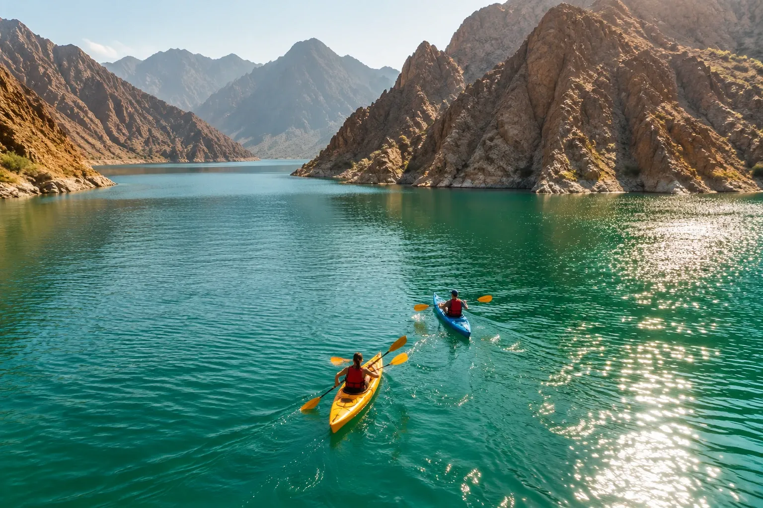 Kayaks on the water at Hatta Dam