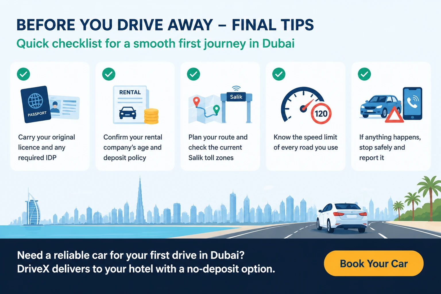 Final safety checklist before driving a rental car in Dubai