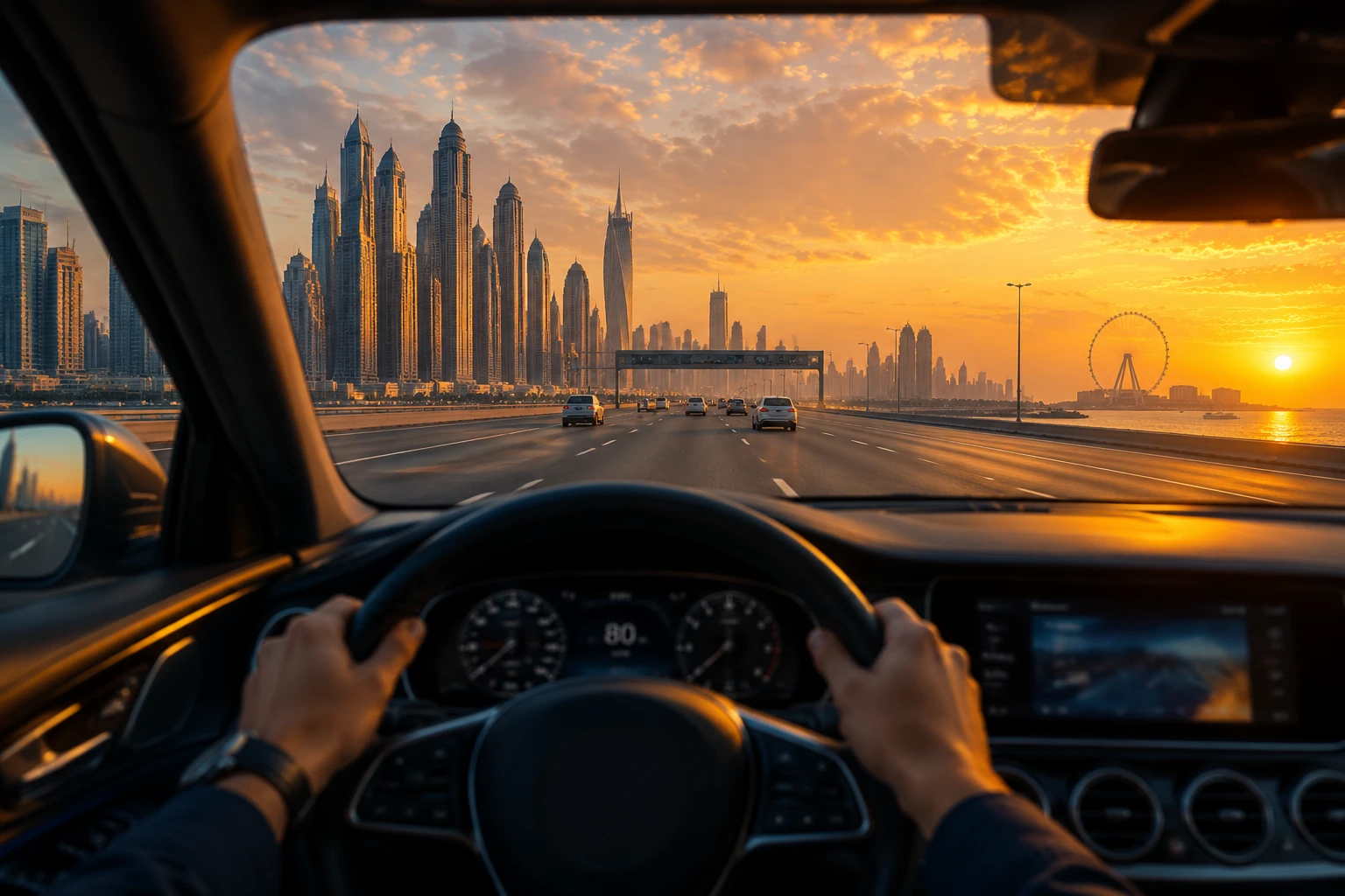 Driving towards Dubai Marina, view from inside the car