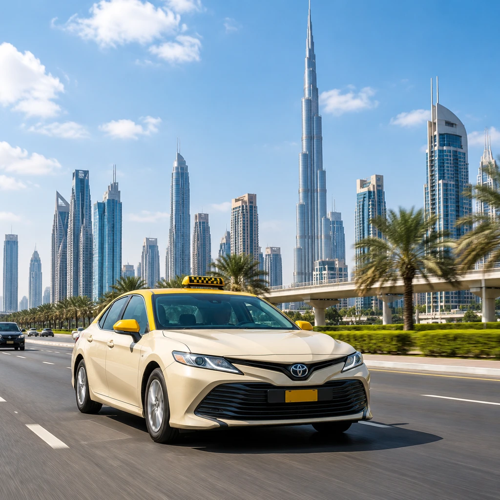 Street-hailed taxi on Sheikh Zayed Road in Dubai