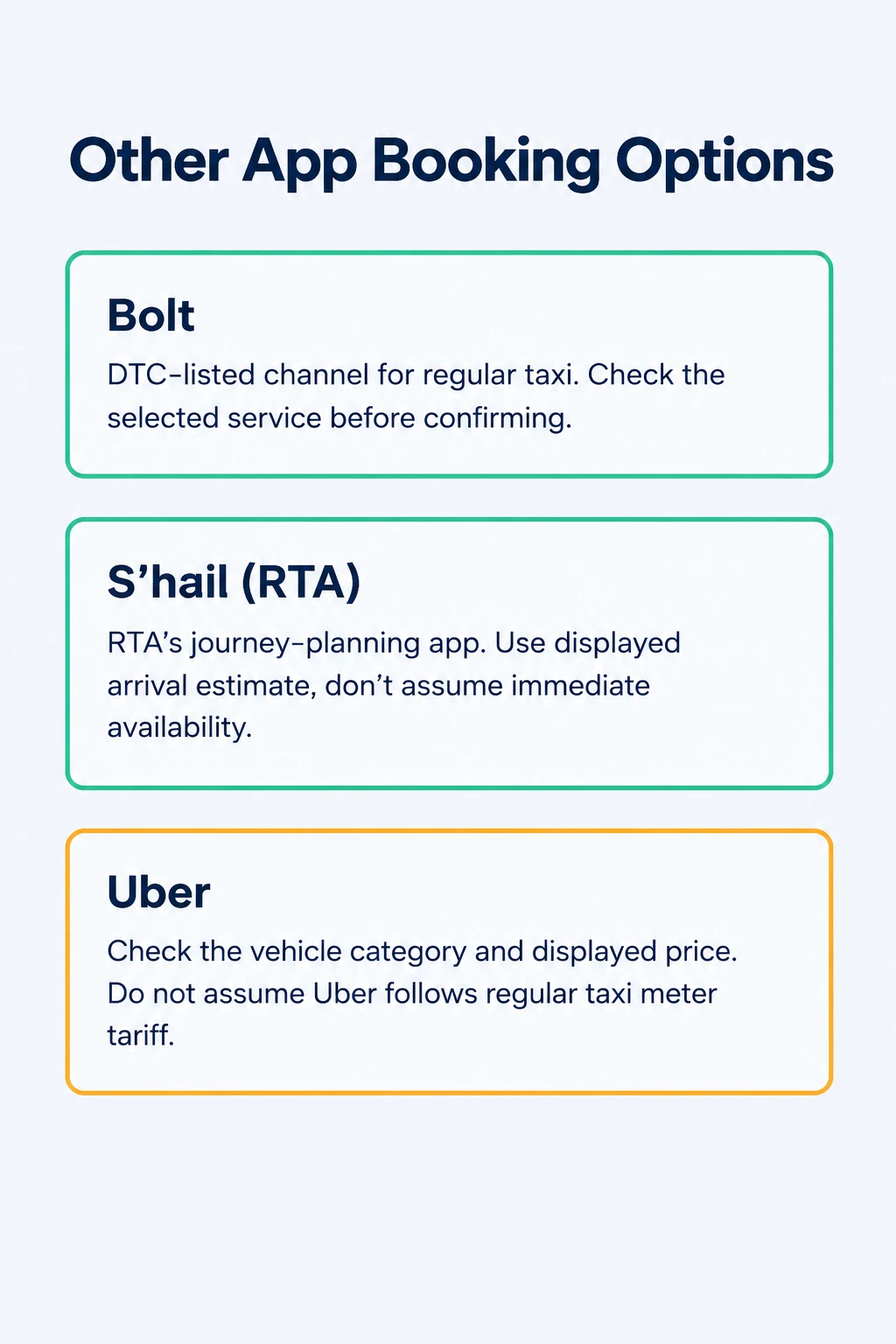 Bolt, S’hail and Uber booking options in Dubai