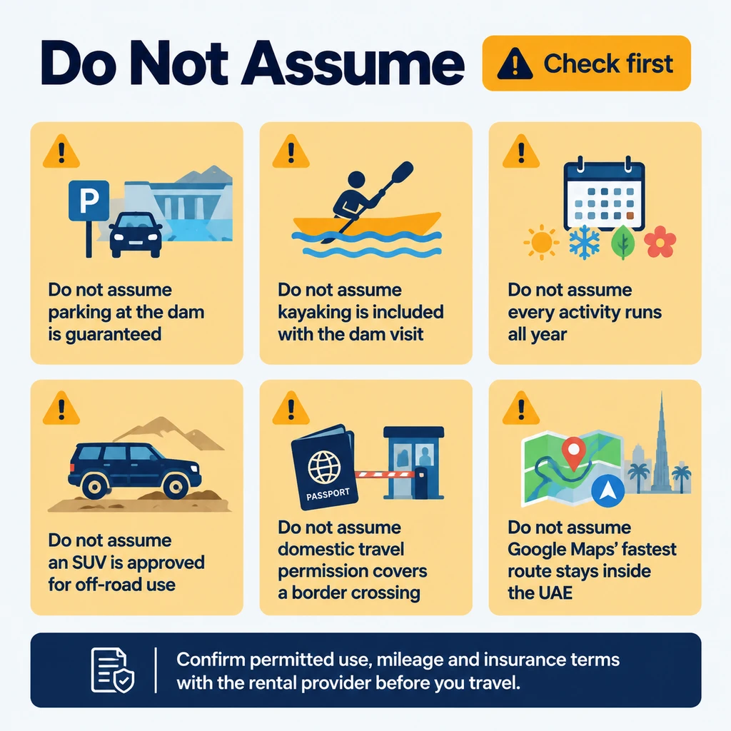 Do not assume: check permitted use, mileage and route before renting a car for Hatta
