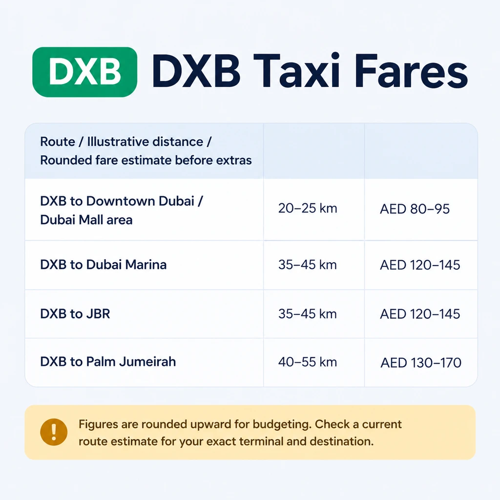 DXB taxi fare estimates to Downtown, Marina, JBR and Palm Jumeirah