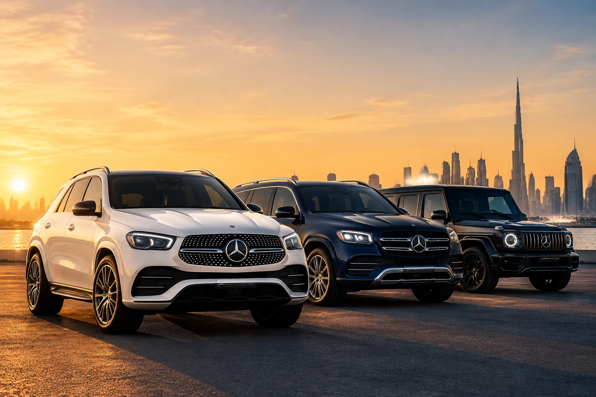 Mercedes GLS 450, GLE and G63 side by side in Dubai