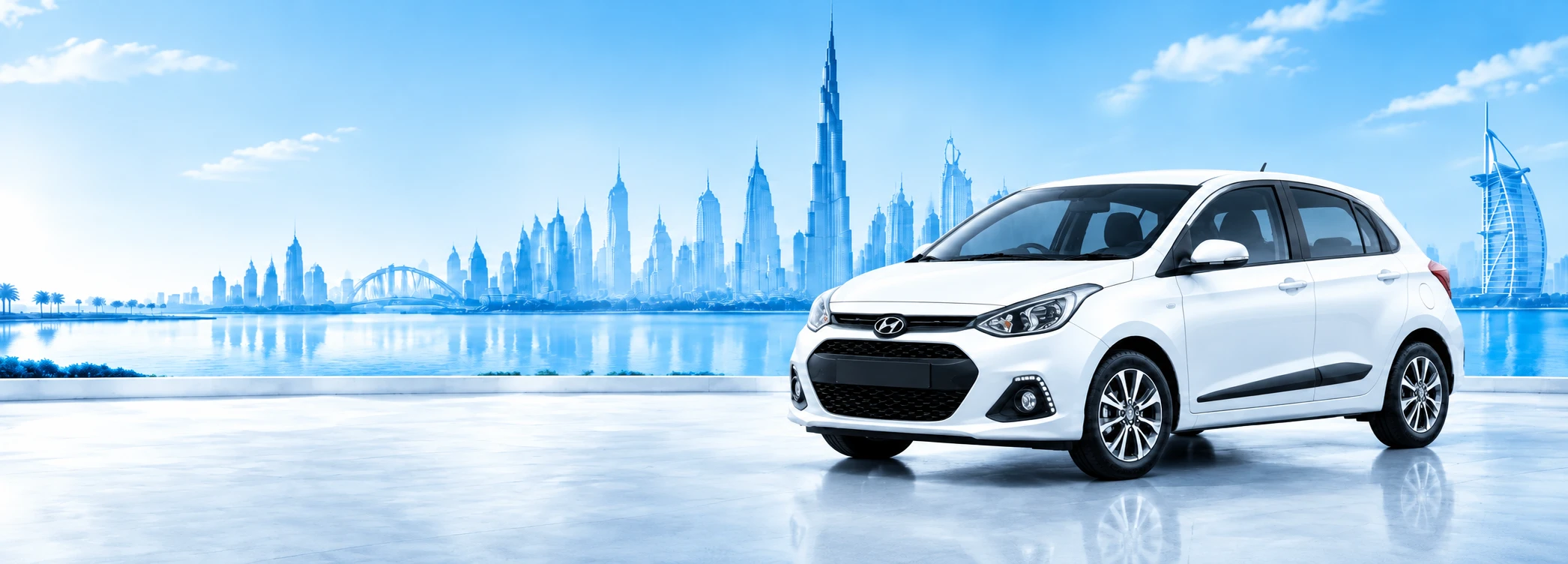 Hyundai Grand i10 rental in Dubai from AED 59 per day — monthly deal AED 699, Apple CarPlay included